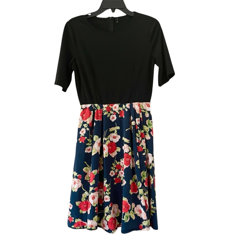 Mixfeer Women’s Medium Black Floral Print Midi Comfortable Fit Dress